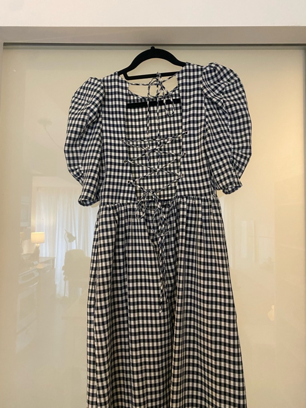 Topshop Navy and White Gingham Midi Dress with Puff Sleeves and Laced Back 2 - Picture 3 of 4